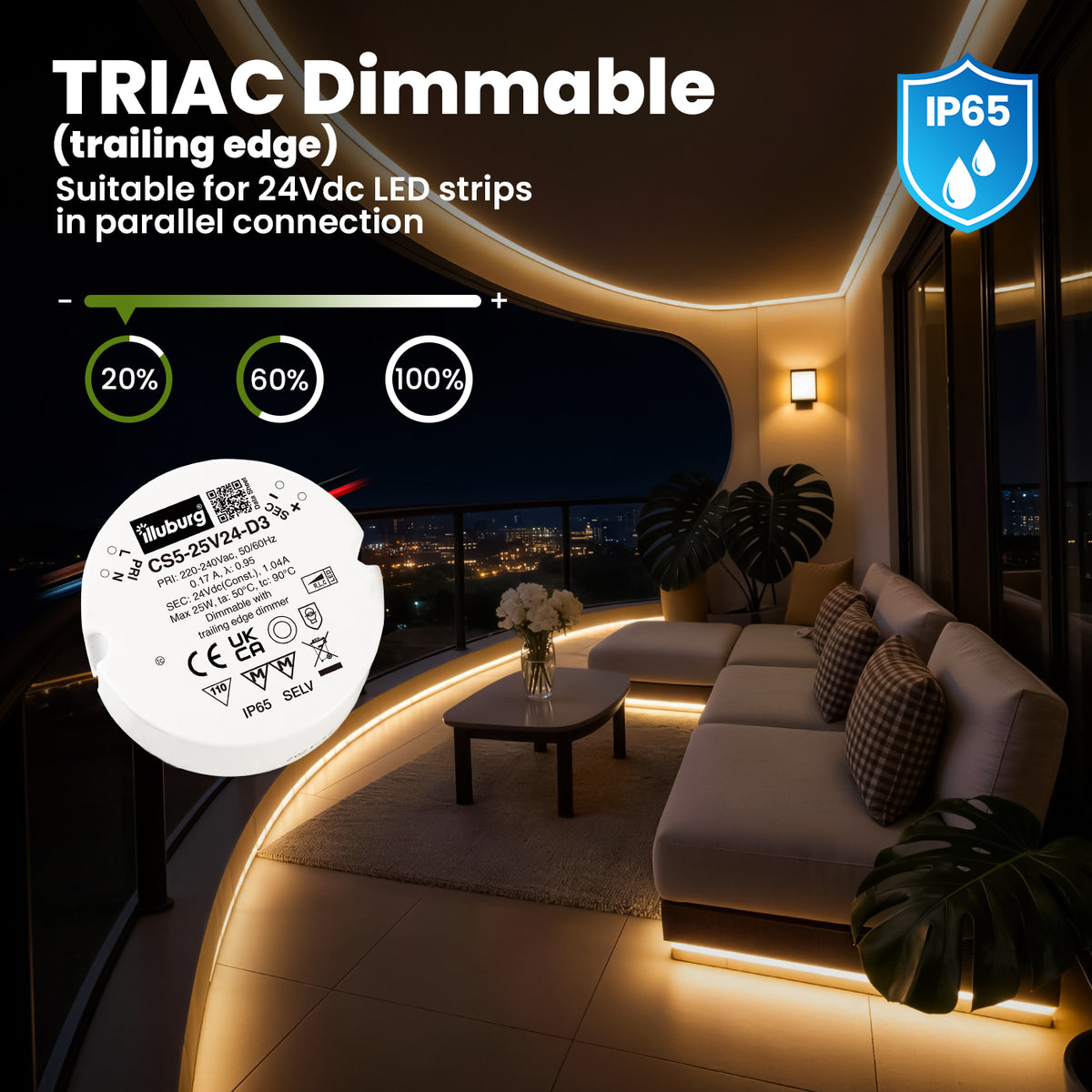 LED Driver TRIAC Dimmable Waterproof 24V 25W 1.04A, IP65
