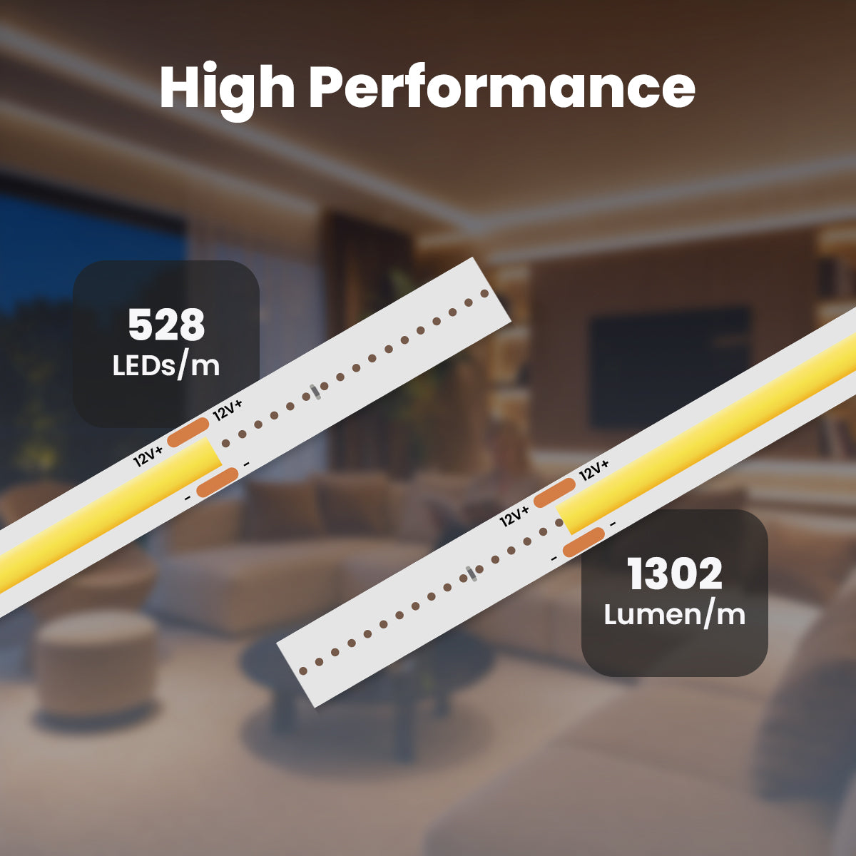 COB LED Strip 12V Warm White 2700K 528LEDs/m 2.5m IP20